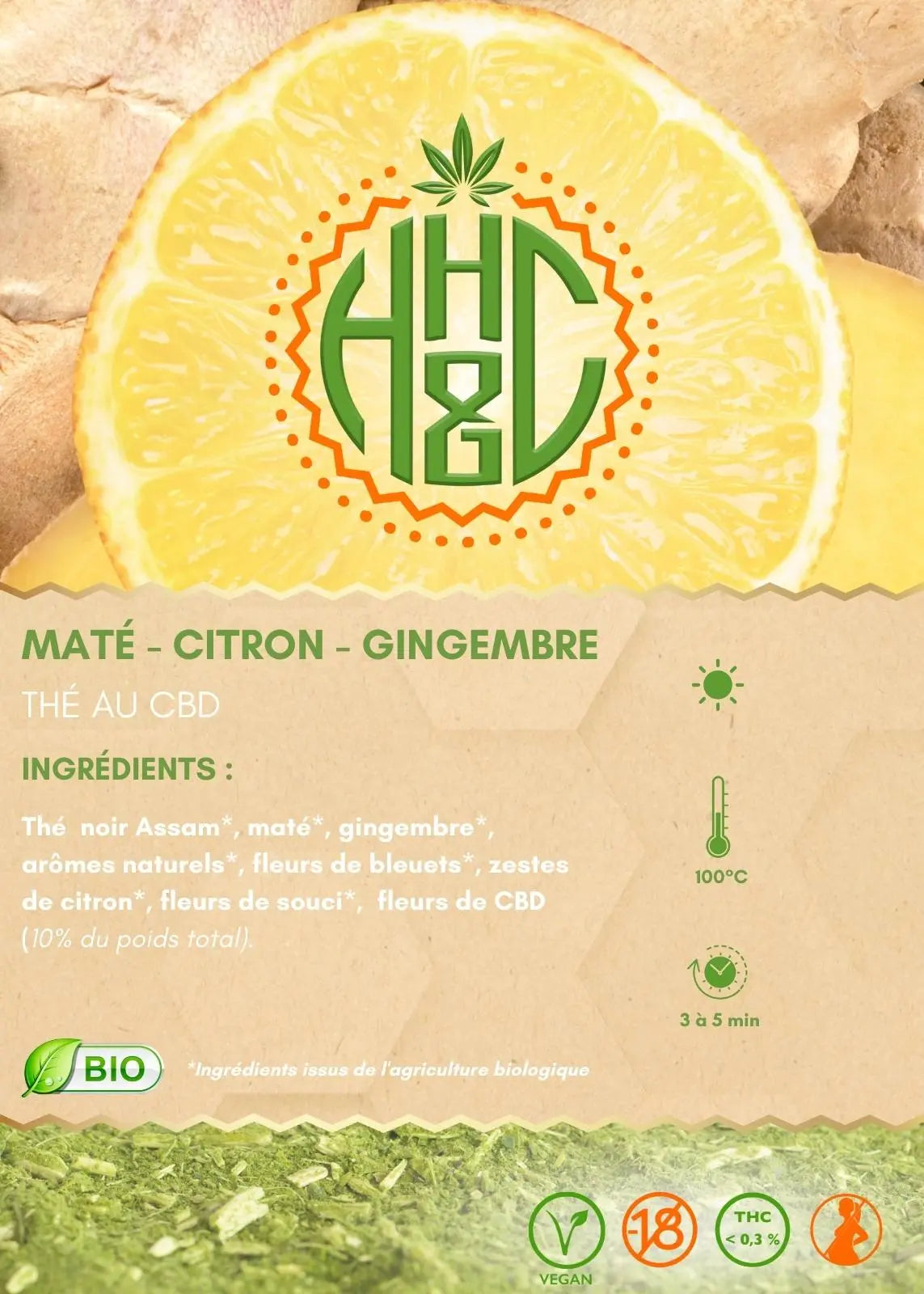 Thé Noir Maté Citron Gingembre Bio 30g - 25% de Chanvre Bio